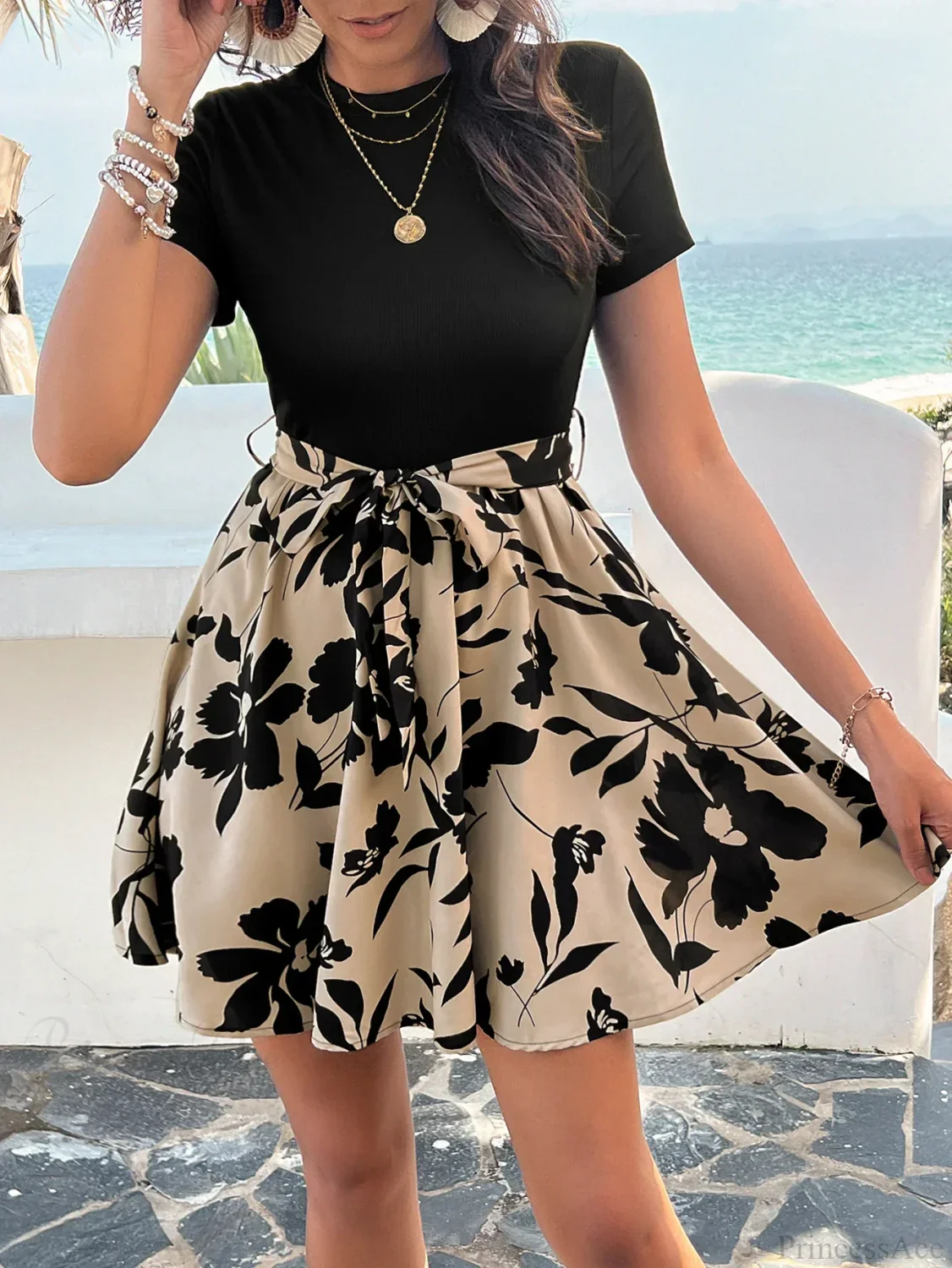 Retro Spliced High Waist Floral Print Dress - Image 6