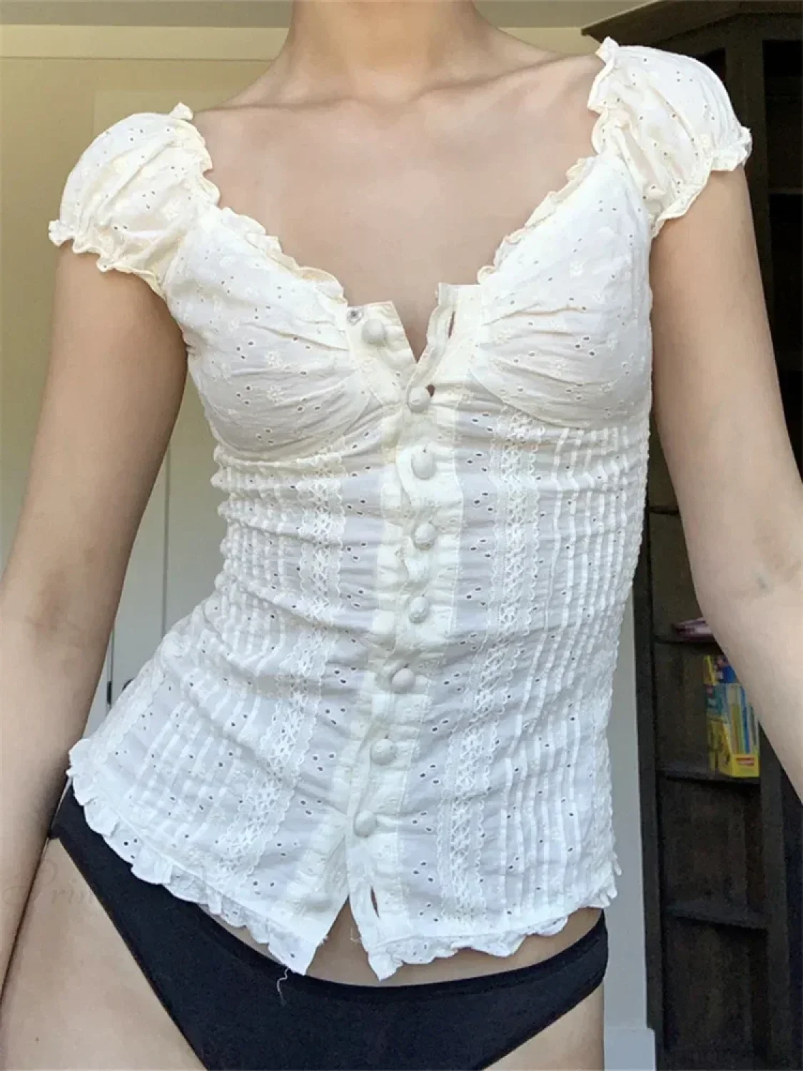 Retro Square Neck Button Down Short Sleeve Blouse - Image 3