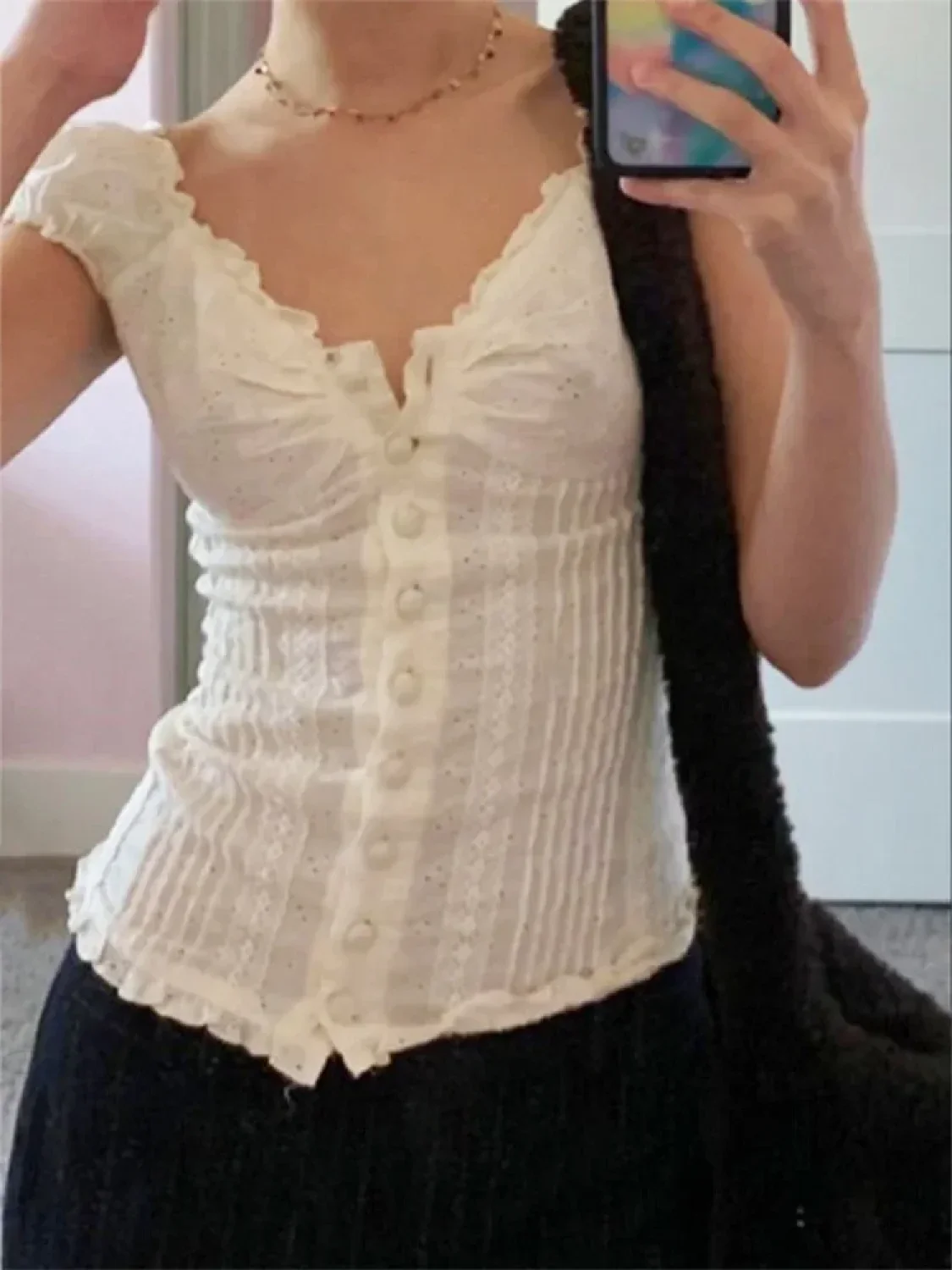 Retro Square Neck Button Down Short Sleeve Blouse - Image 5
