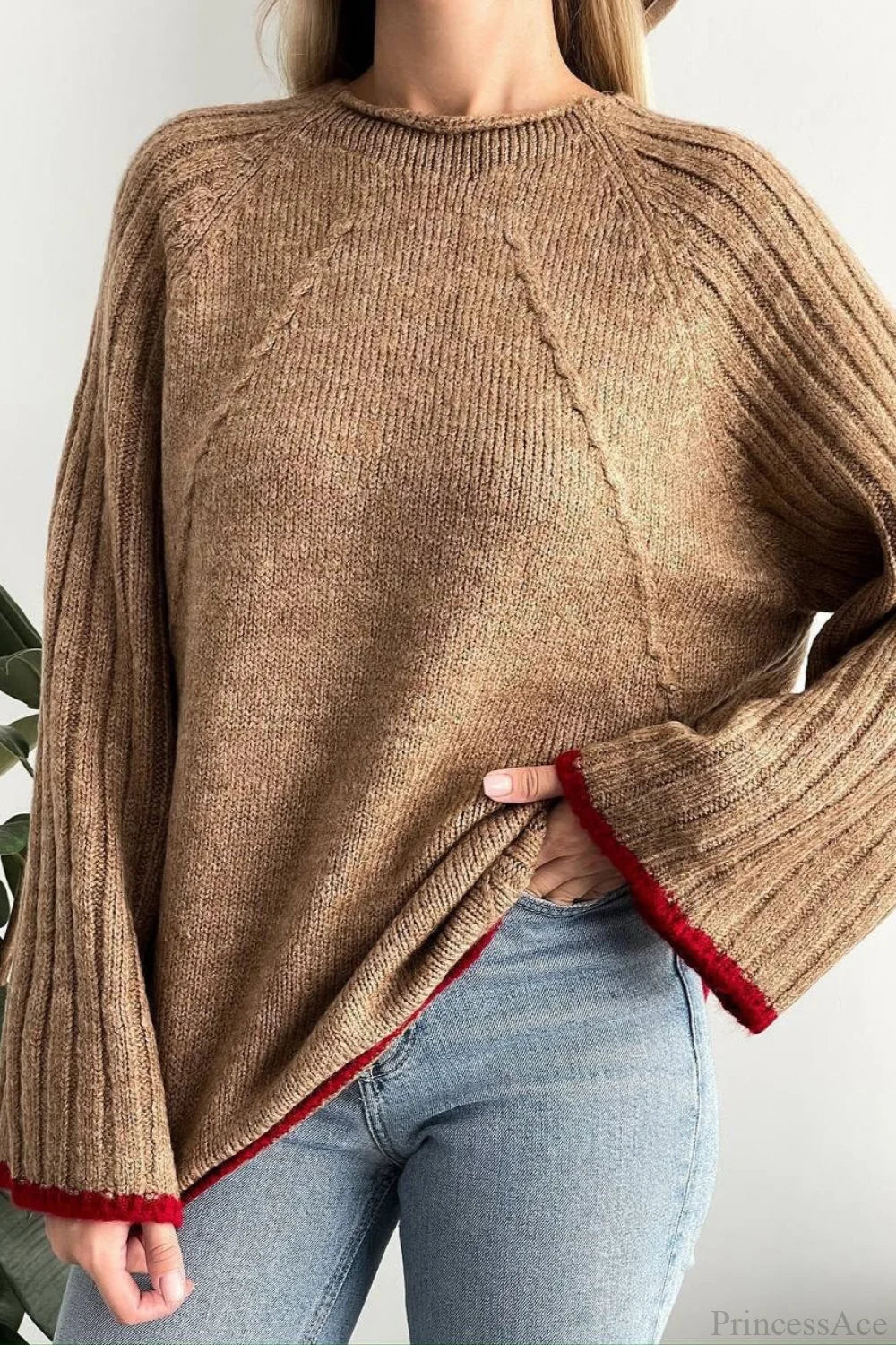 rewneck Ribbed Base Bell Sleeve Loose Sweater - Image 2