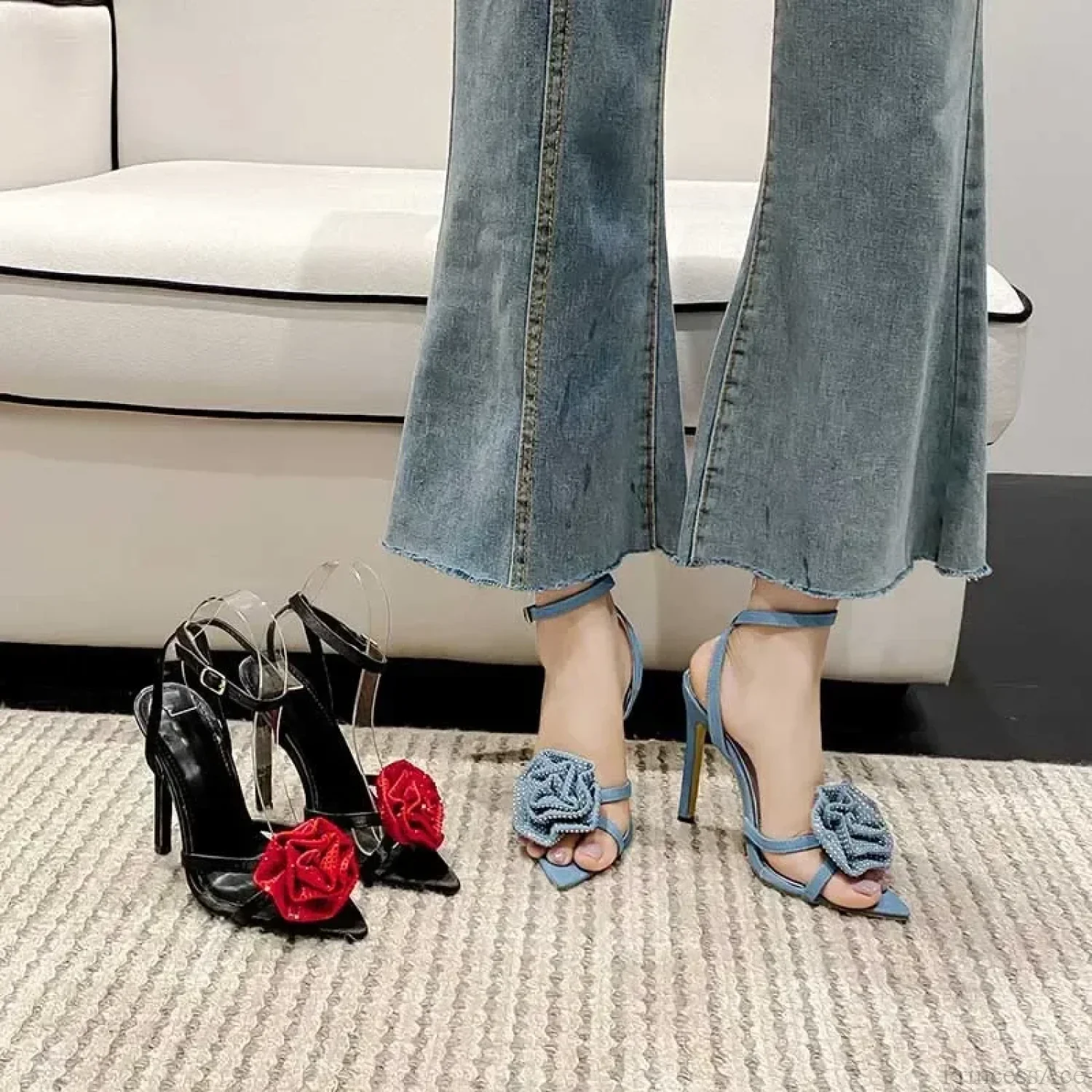 Rhinestone Butterfly-knot Square Head Stiletto Sandals Peep Toe Crystal Narrow Band Ankle Strap High Heel - Image 2
