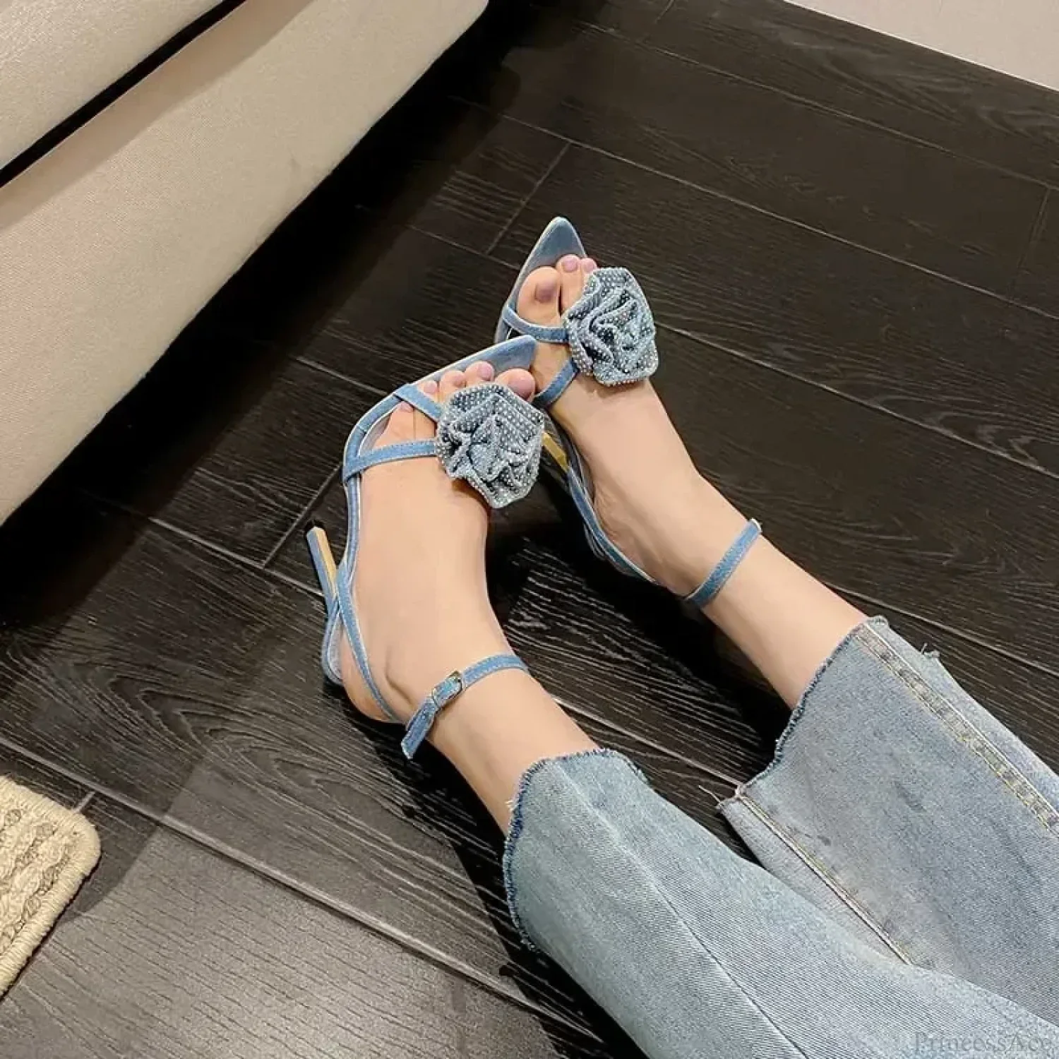 Rhinestone Butterfly-knot Square Head Stiletto Sandals Peep Toe Crystal Narrow Band Ankle Strap High Heel - Image 6