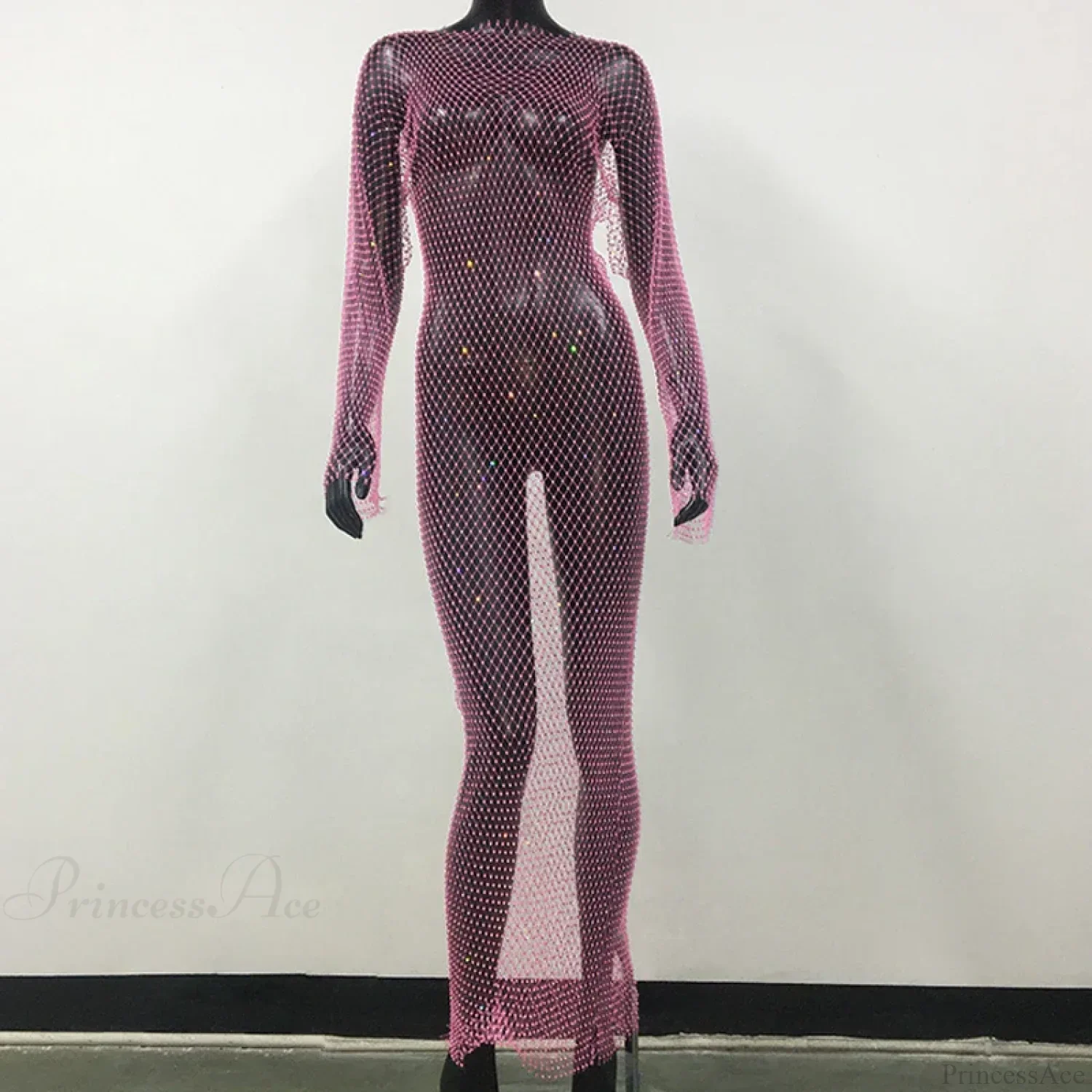 Rhinestone Fishnet Long Sleeve Party Dress - Image 13