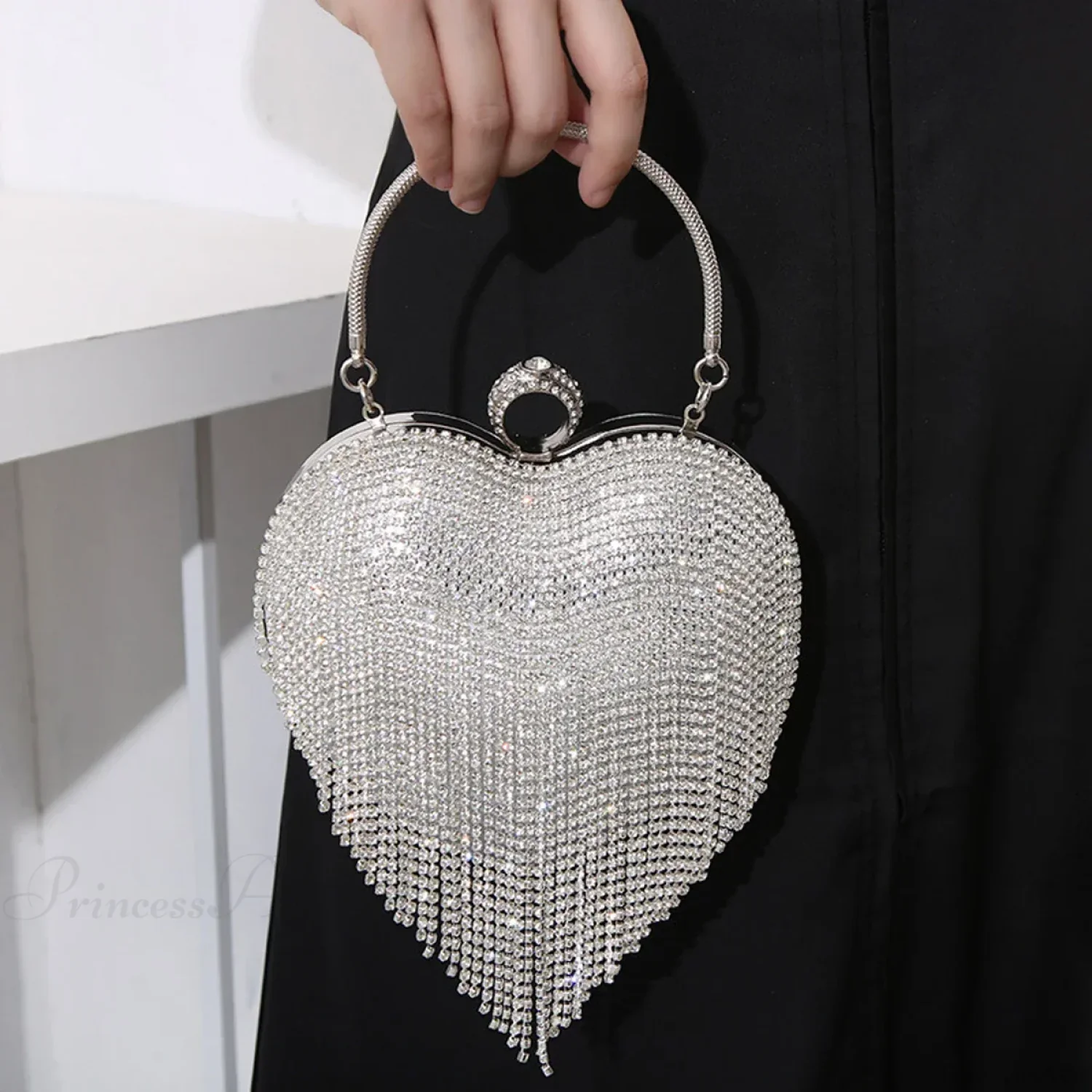 Rhinestone Heart Pattern Silver Evening Clutch Wedding Bridal Purse - Image 4