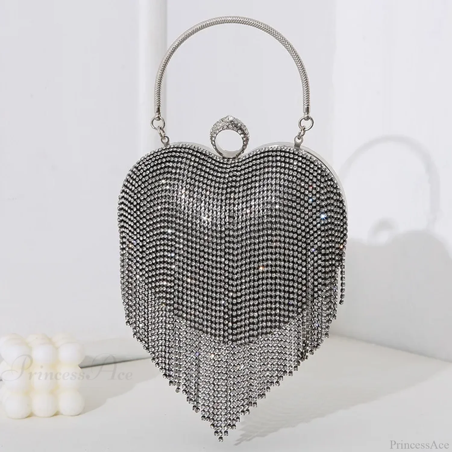 Rhinestone Heart Pattern Silver Evening Clutch Wedding Bridal Purse - Image 7