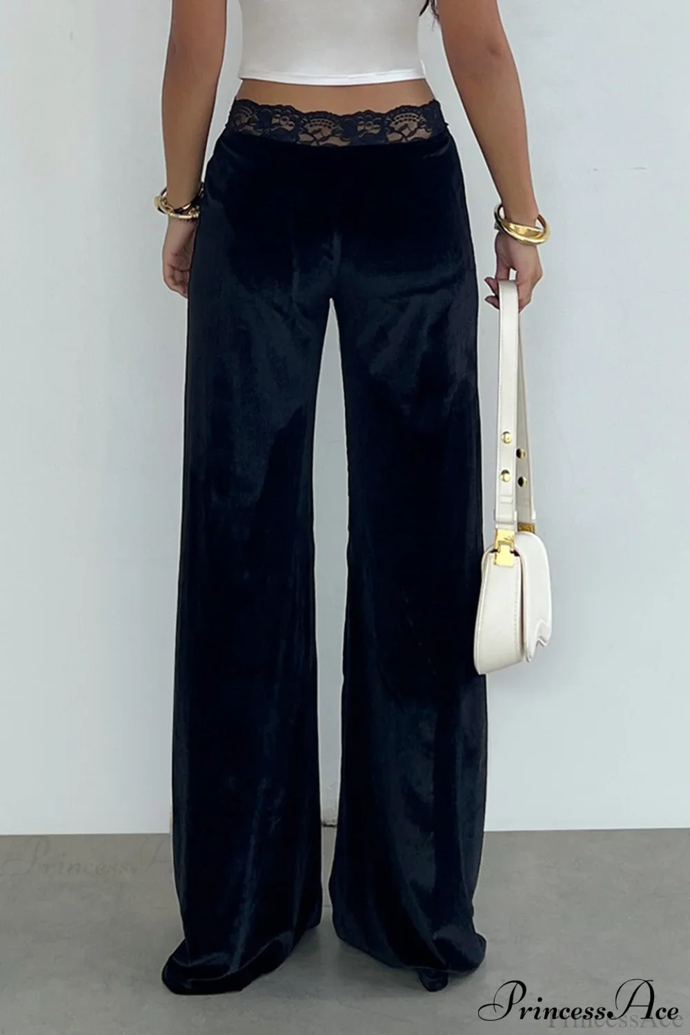 Rhinestone Lace Waist Patchwork Velvet Pants - Image 3