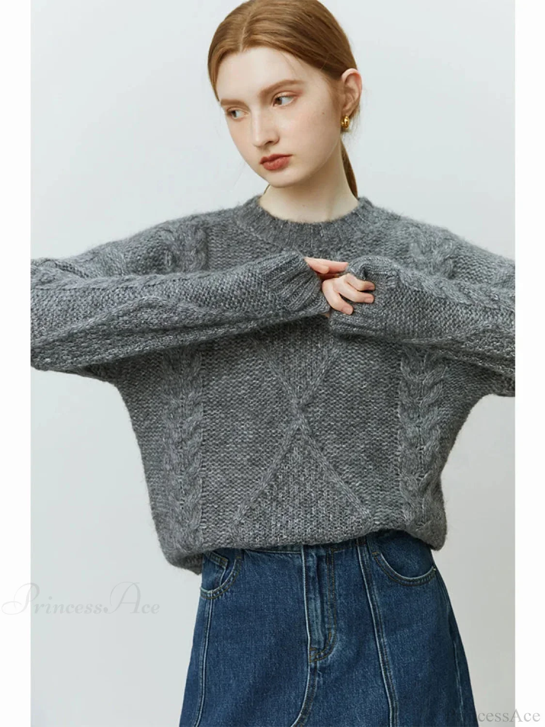 Rhombus Pattern Twist Knitted Pullover Sweater - Image 3