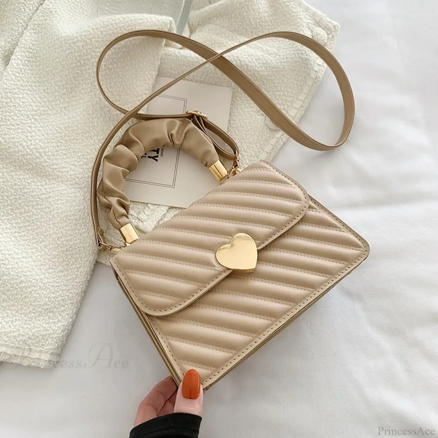 Rhombus Pleated Heart-Shaped Tote Crossbody - Image 3