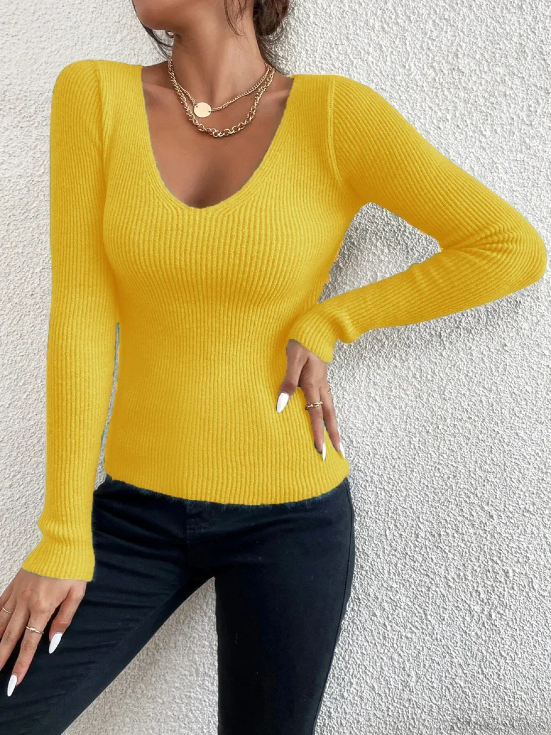 Rib Knit V-Neck Stripe Pullover Sweater Knit Top - Image 17
