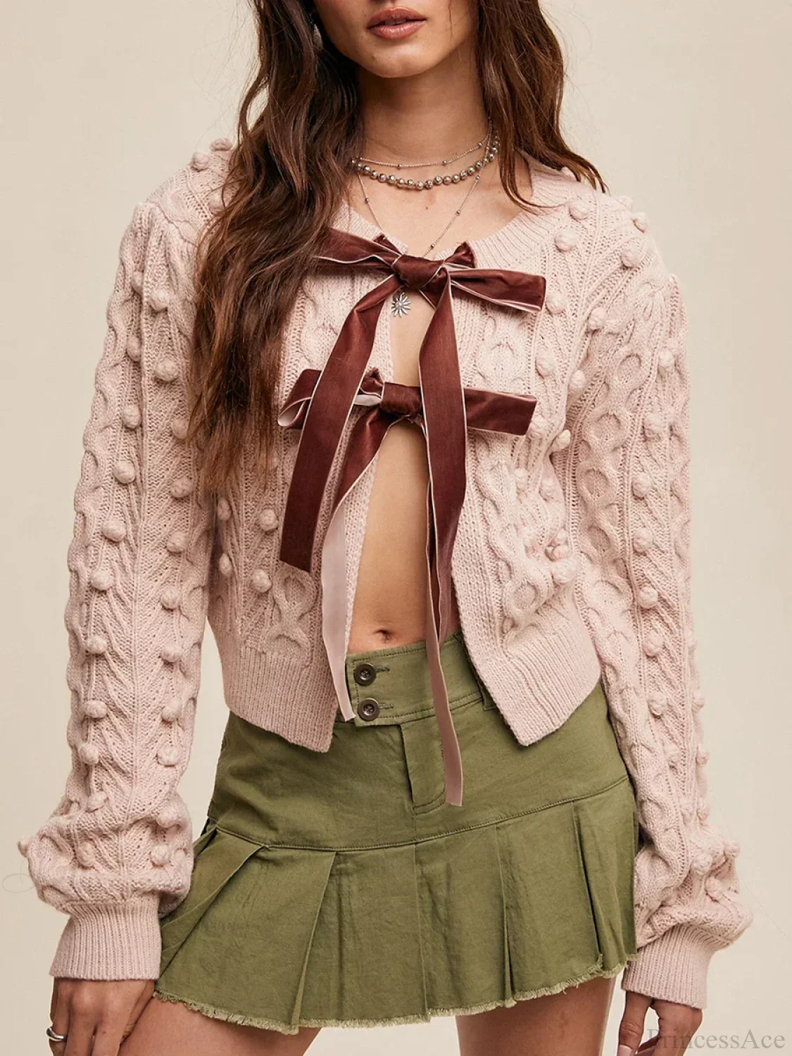 Ribbed Bow Tie Cable Knit Cardigan - Image 3