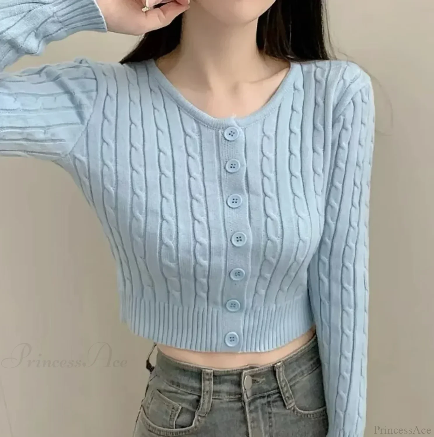 Ribbed Cable Knit Slim Fit Button-Up Cropped Cardigan - Image 8
