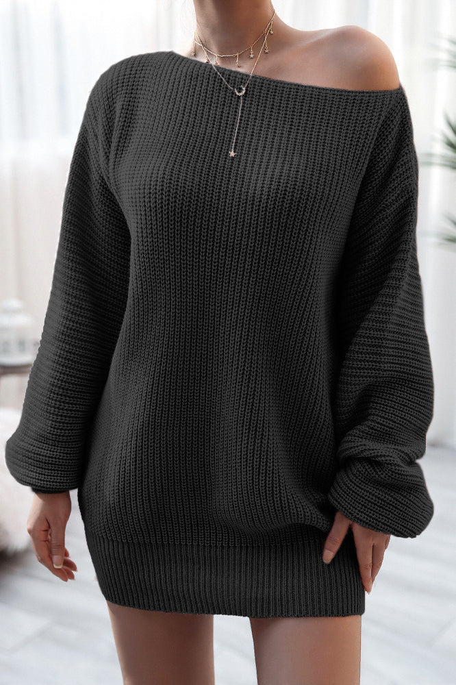 Ribbed Knit Boat Neck Long Sleeve Loose Mini Dress - Image 8