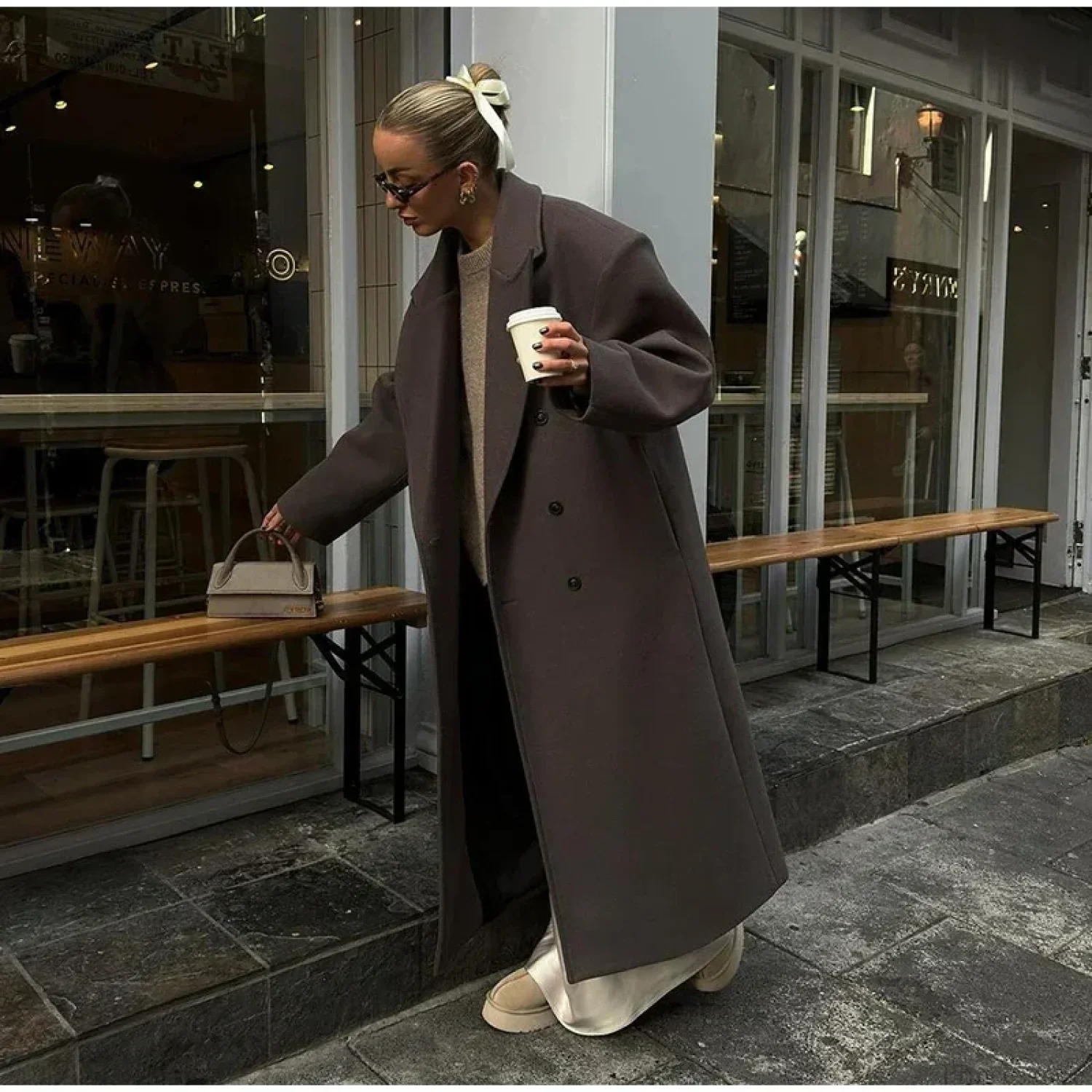 Ribbed Woolen Double-Breasted Overcoat - Image 8