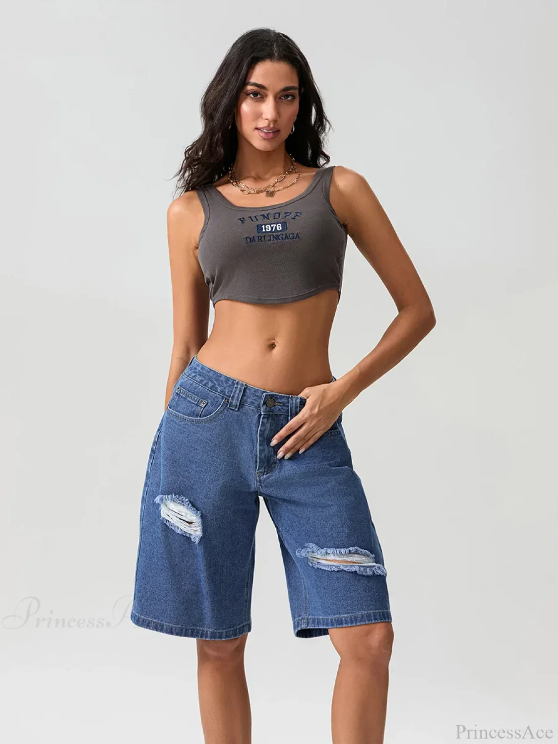 Ripped Button Knee-Length Denim Short - Image 4