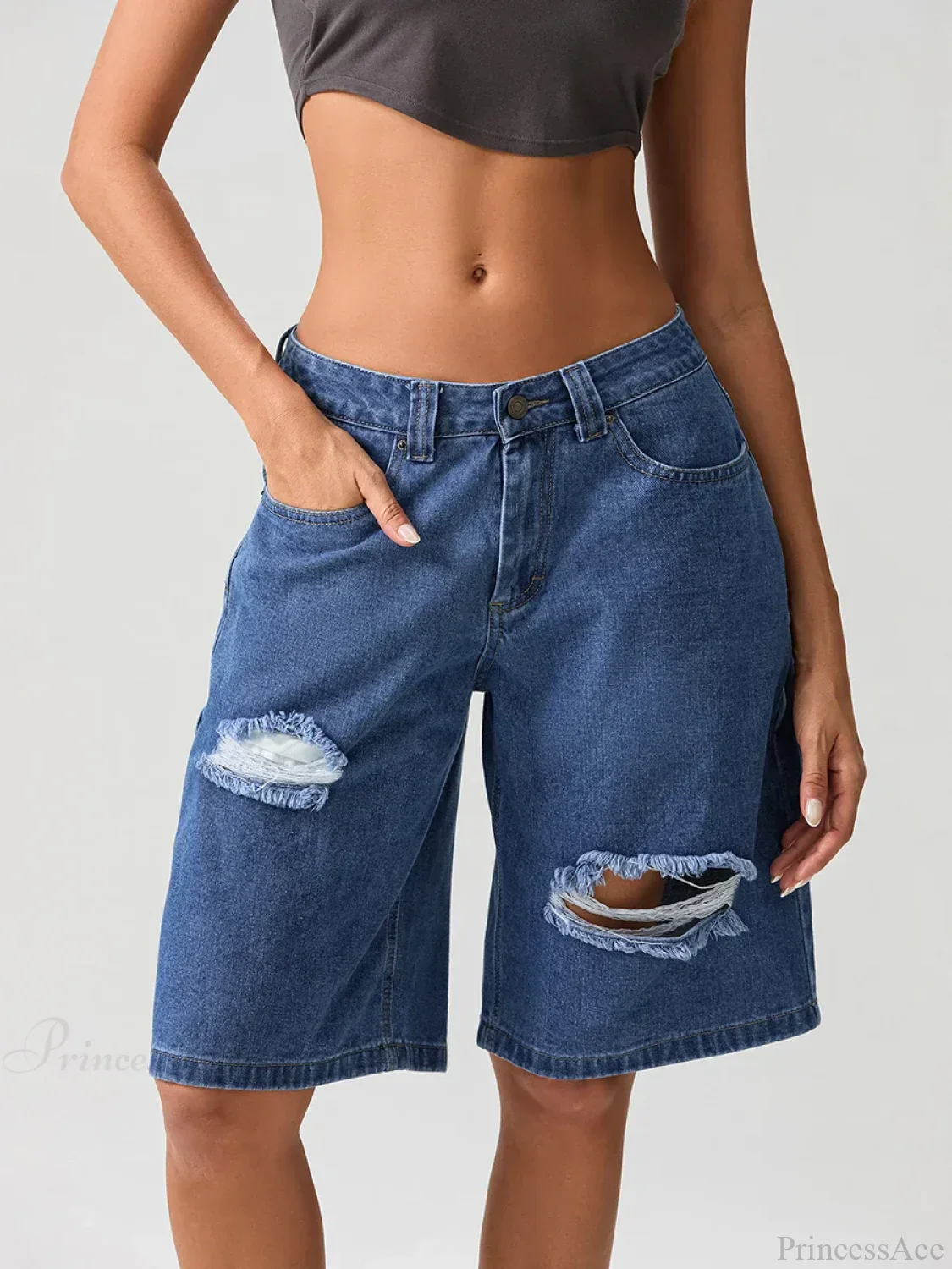 Ripped Button Knee-Length Denim Short - Image 5