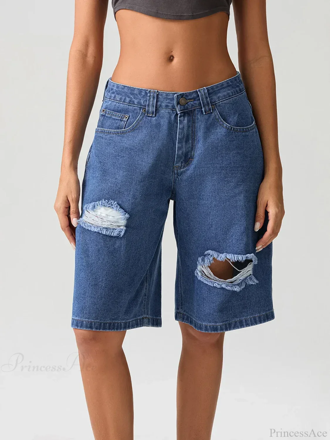 Ripped Button Knee-Length Denim Short - Image 6