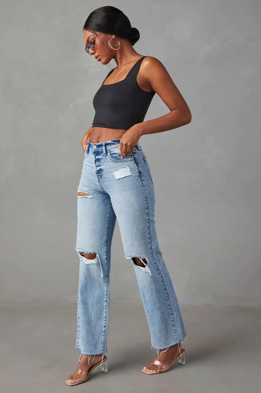 Ripped Raw Hem High Waist Jean - Image 3
