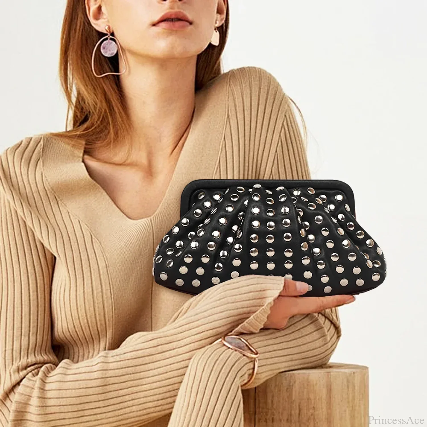 Rivet Ruched Hobo Evening Wristlet - Image 2