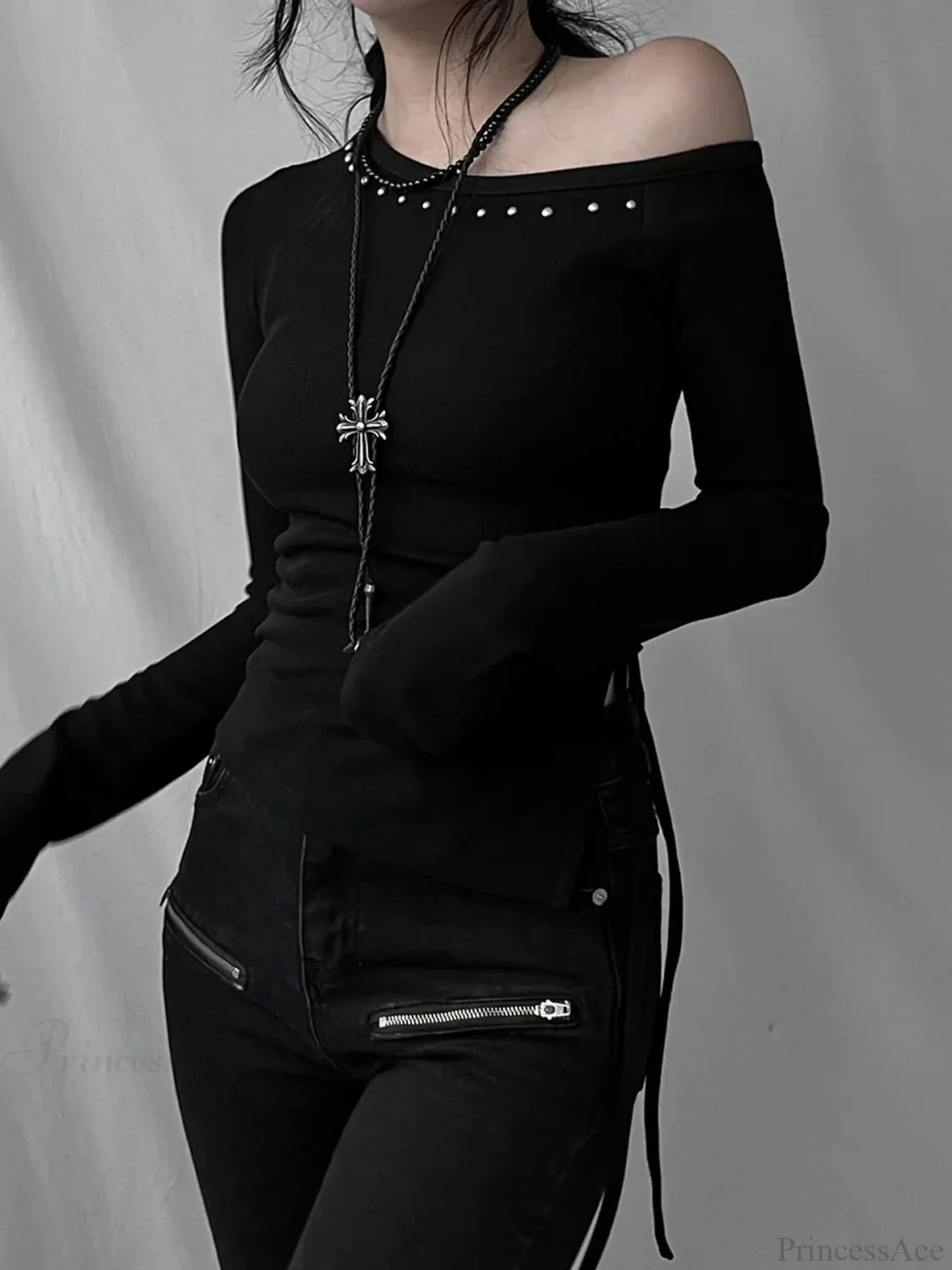 Rivet Skew Collar Knit Top - Image 2