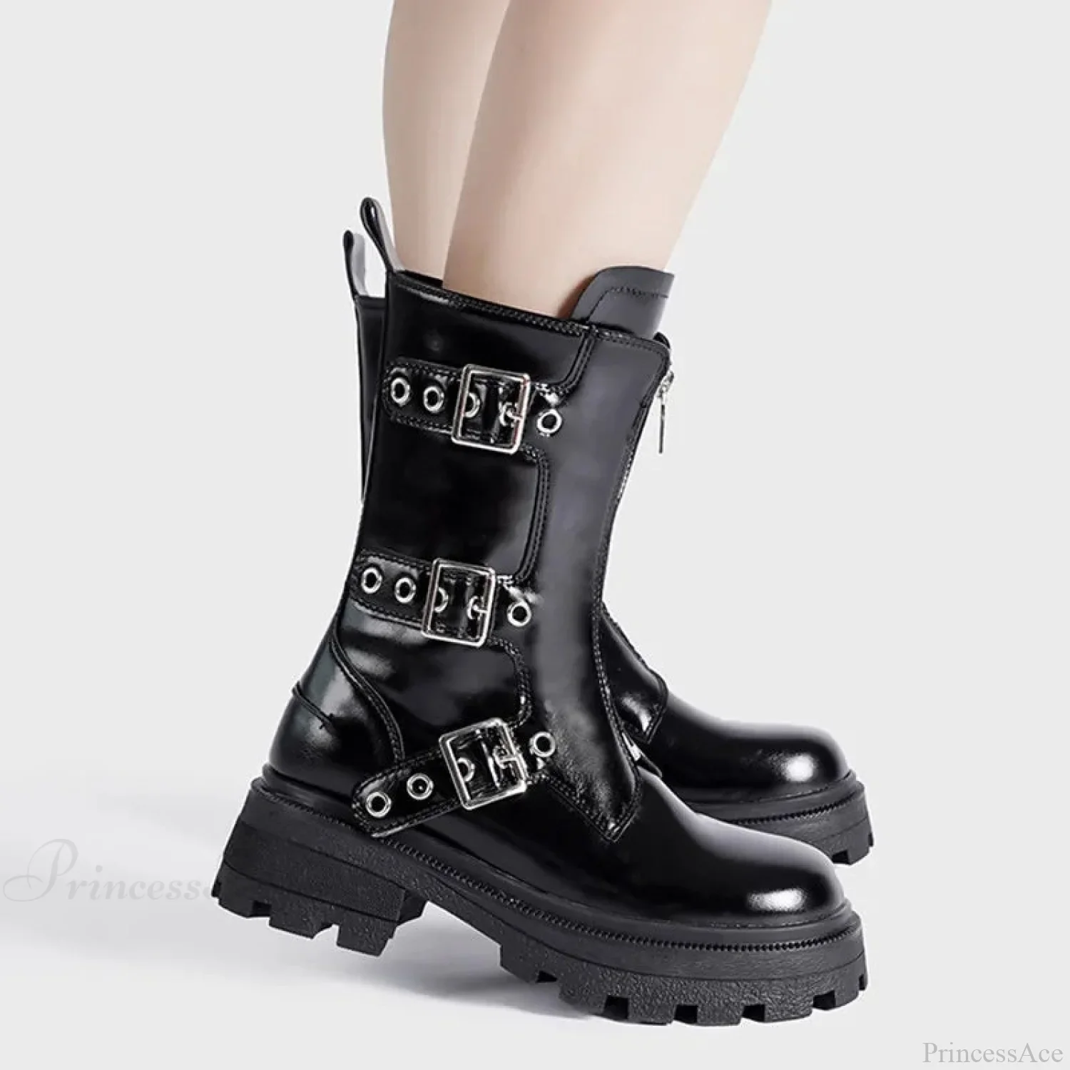 Rivet Strap Clunky Heeled Dark Motorcycle Boot - Image 2
