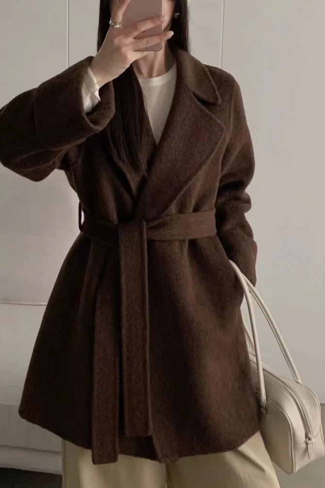 Robe-Style Double-Face Wool Long Hepburn Coat - Image 3