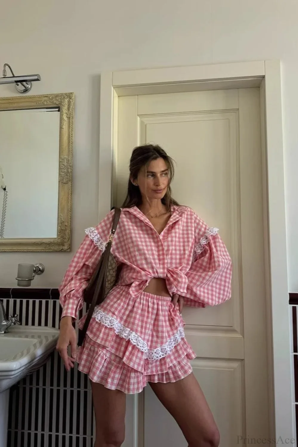 Romantic Lace Trim Plaid Two Piece Set - Image 9