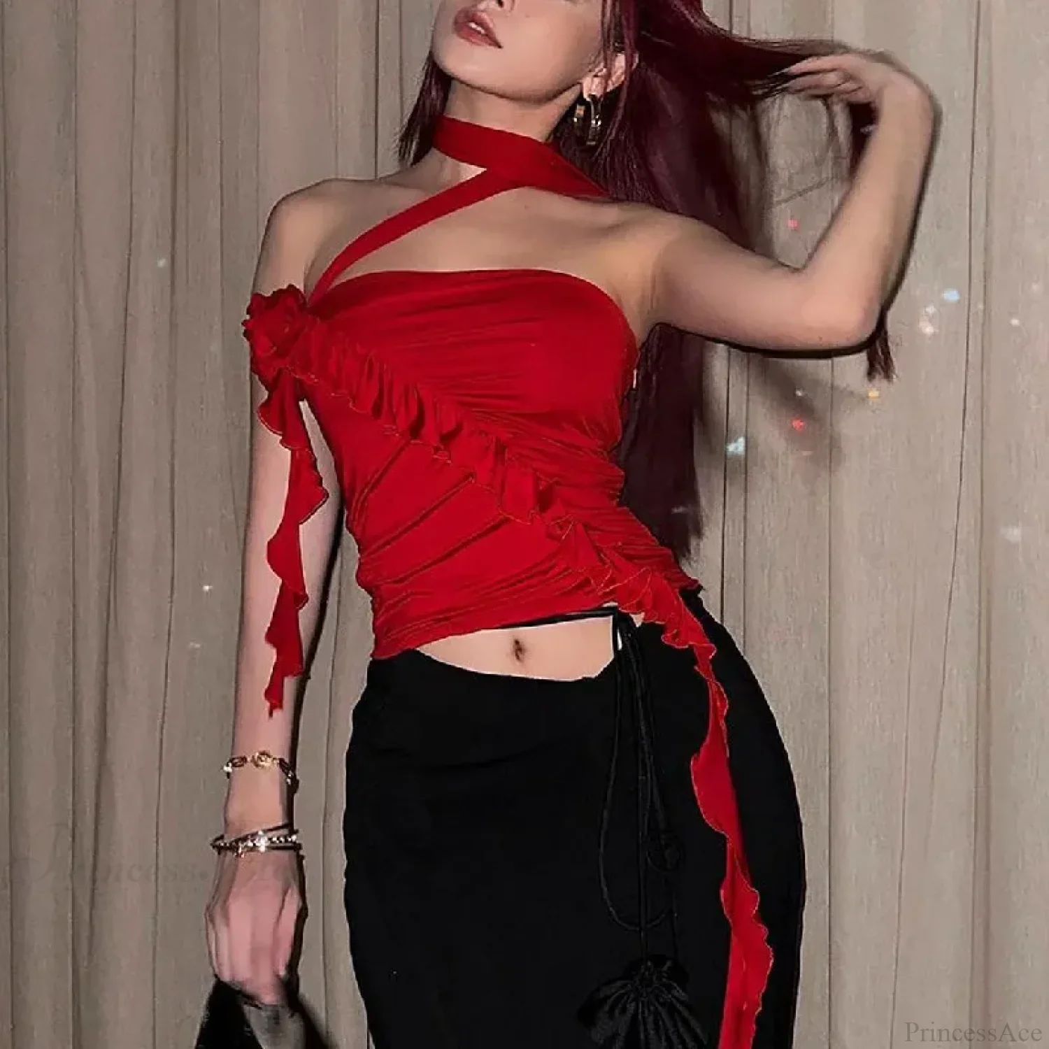 Rose Bandage Off Shoulder Halter Backless Bare Midriff Tube Crop Top - Image 2