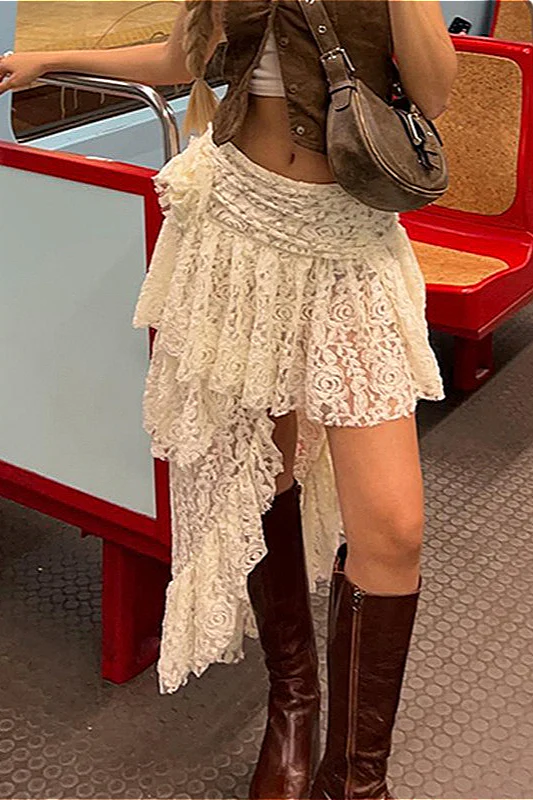 Rose Lace Asymmetrical Mini Skirt - Image 3