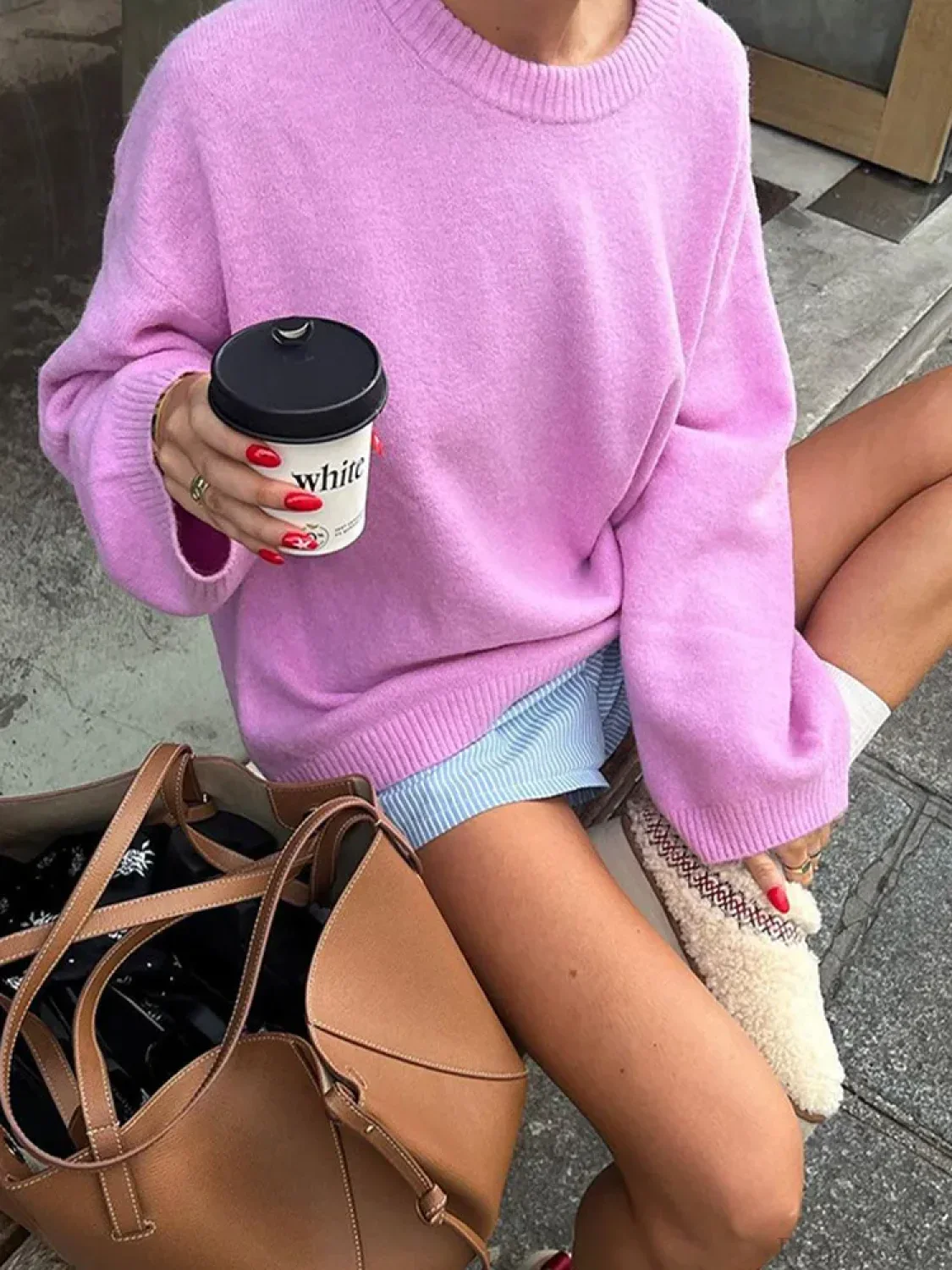 Rose Pink O - neck Lantern Sleeve Sweater - Image 3