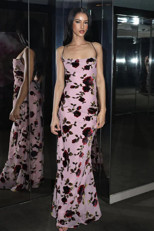 Rose Print Backless Cami Bodycon Maxi Dress - Image 4