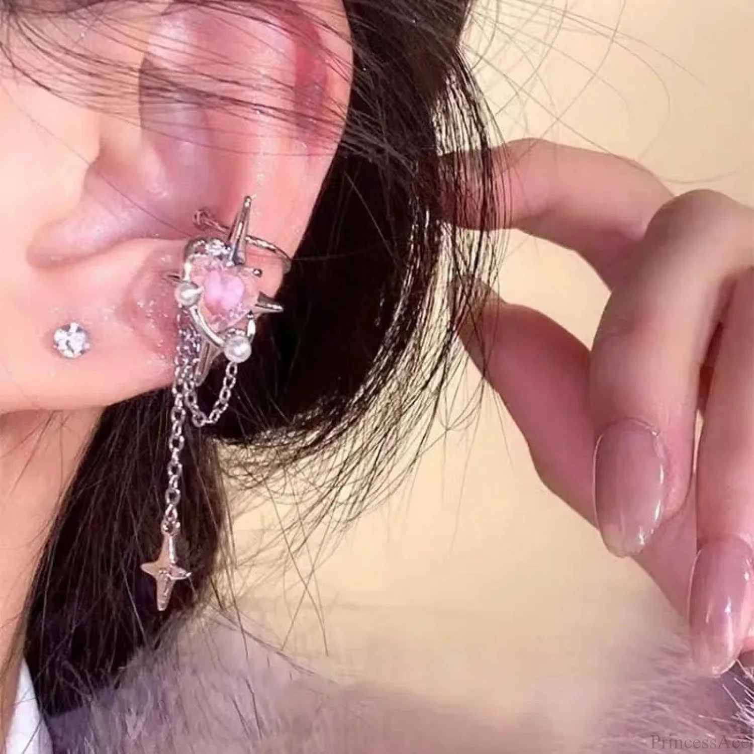 Rose Quartz Heart Celestial Fringe Clip Earring - Image 2