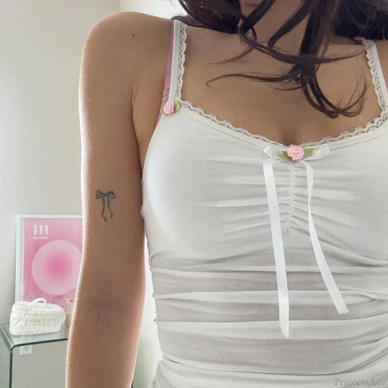 Rosettes Bow Lace Camisole Slim Fit Crop Top - Image 2