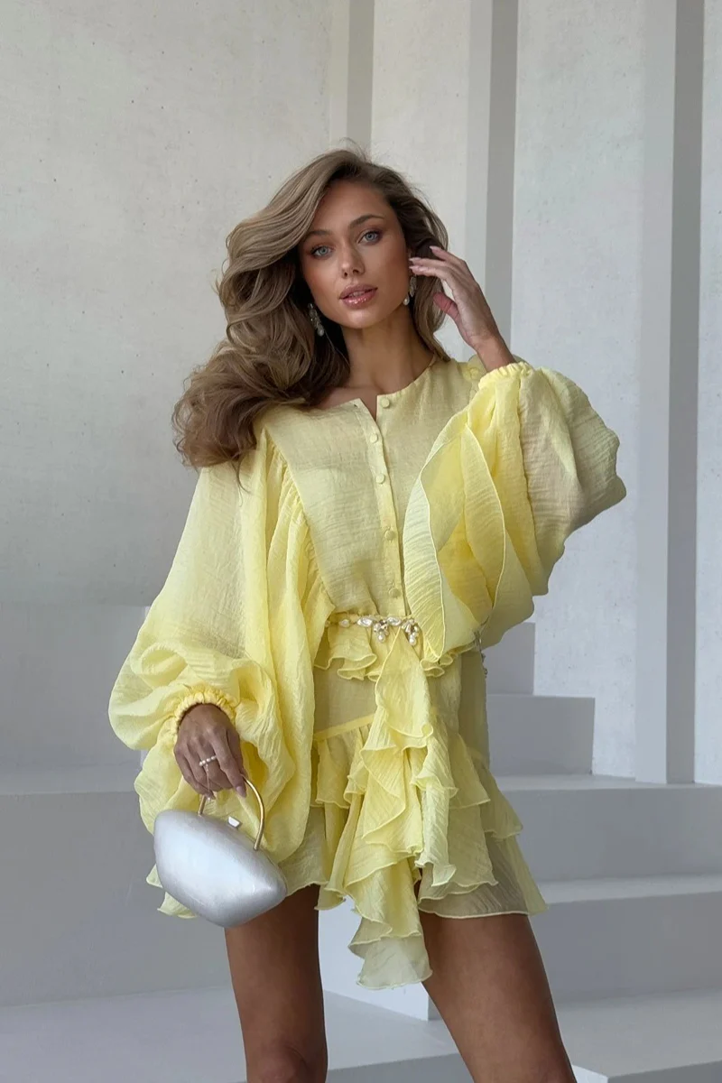 Round Neck Button Ruffle Bell Sleeve Mini Dress - Image 2