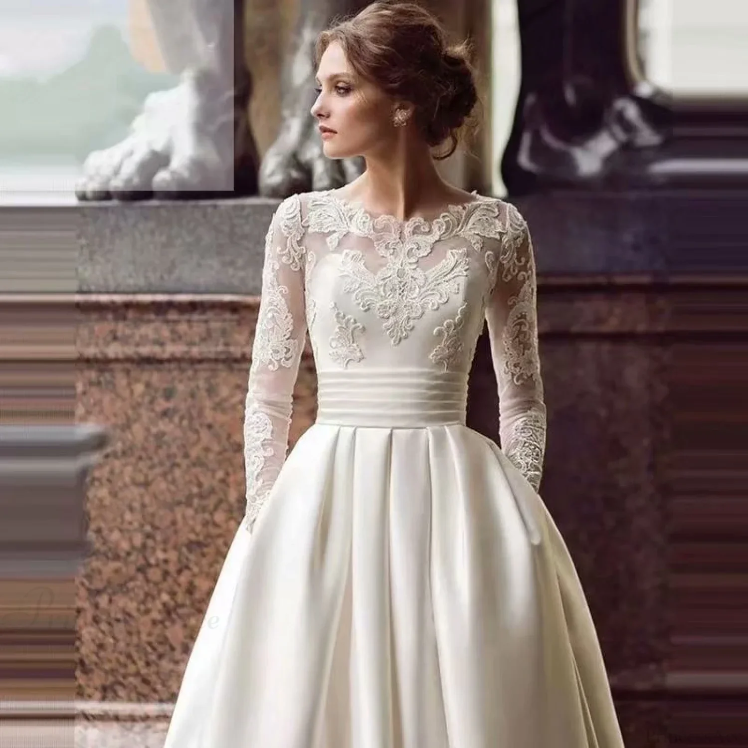 Round Neck Lace Satin Wedding Dress - Image 3