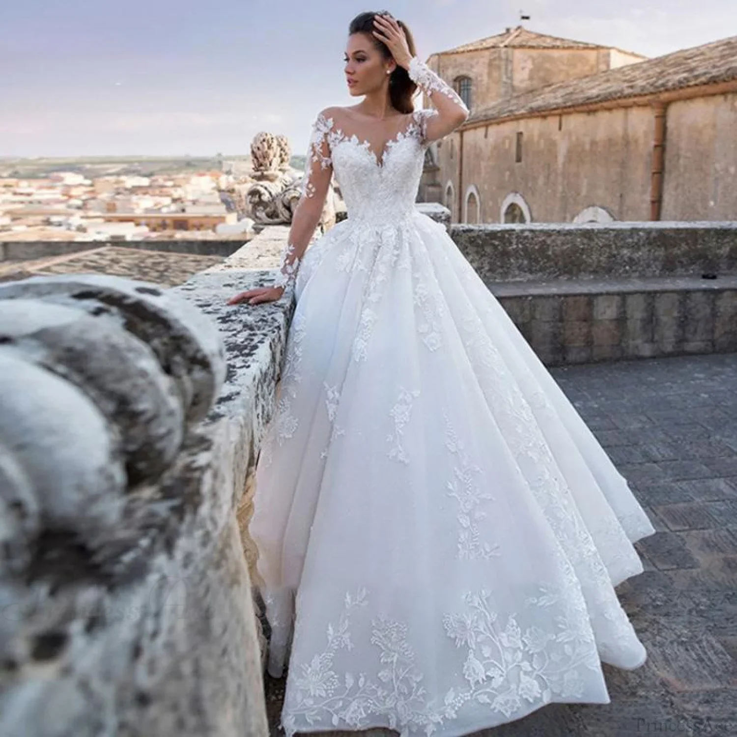 Round Neck Long Sleeve Sheer Wedding Dress - Image 2