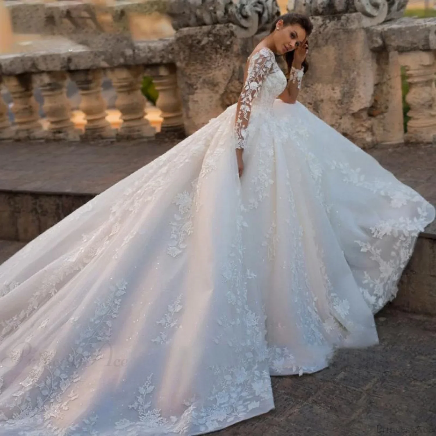 Round Neck Long Sleeve Sheer Wedding Dress - Image 3