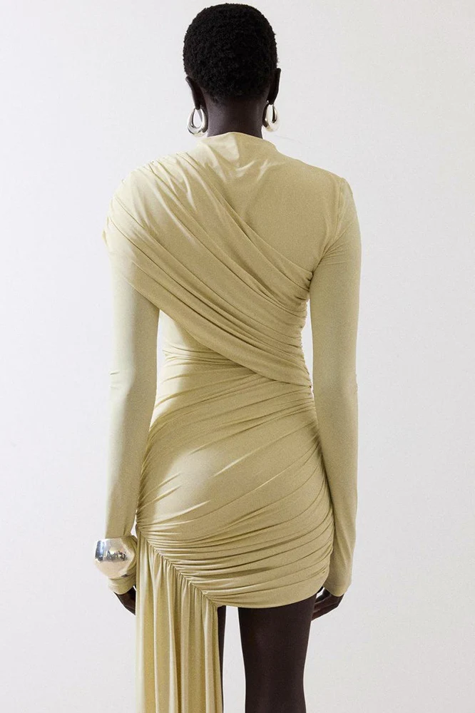 Ruched Asymmetric Ribbon Slim Mini Dress - Image 3
