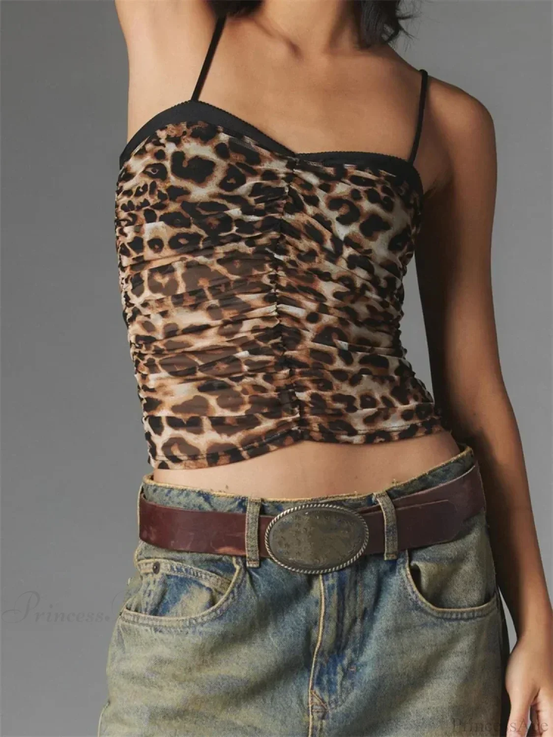 Ruched Floral Leopard Spaghetti Strap Crop Top - Image 5