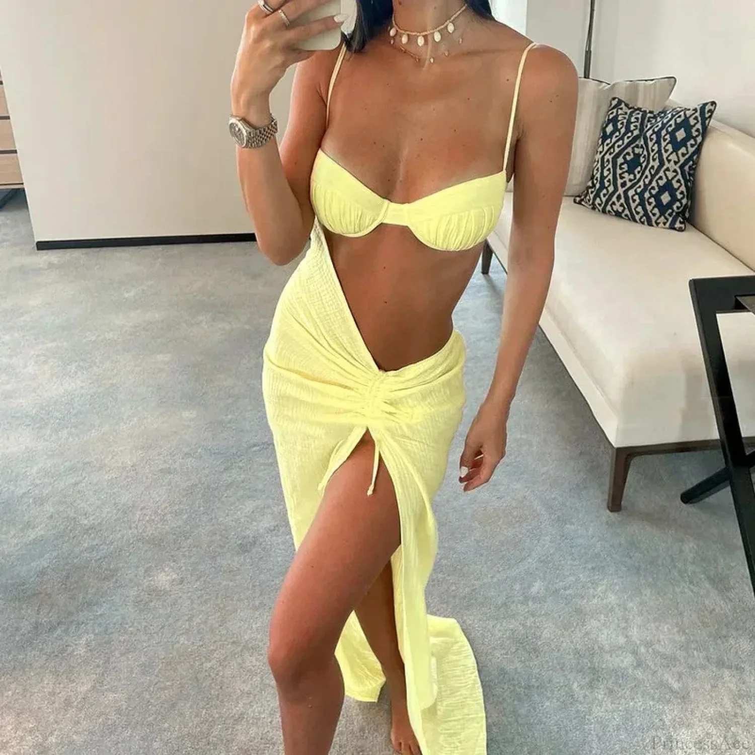 Ruched Hollow Yellow Beach Bikini Set - Image 3