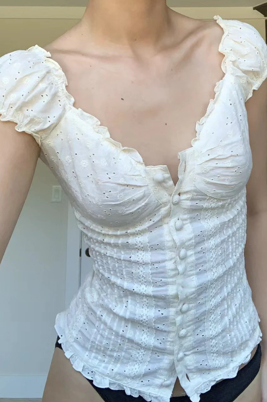 Ruched Low Neck Button Ruffled Lace Tank Top - Image 2