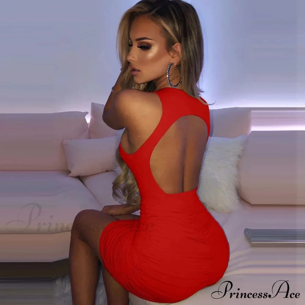 Ruched Tank Sexy Bodycon Backless Lady Black O-Neck Hollow Gown Dresses White Sleeveless Out Party Mini Gown Women Summer