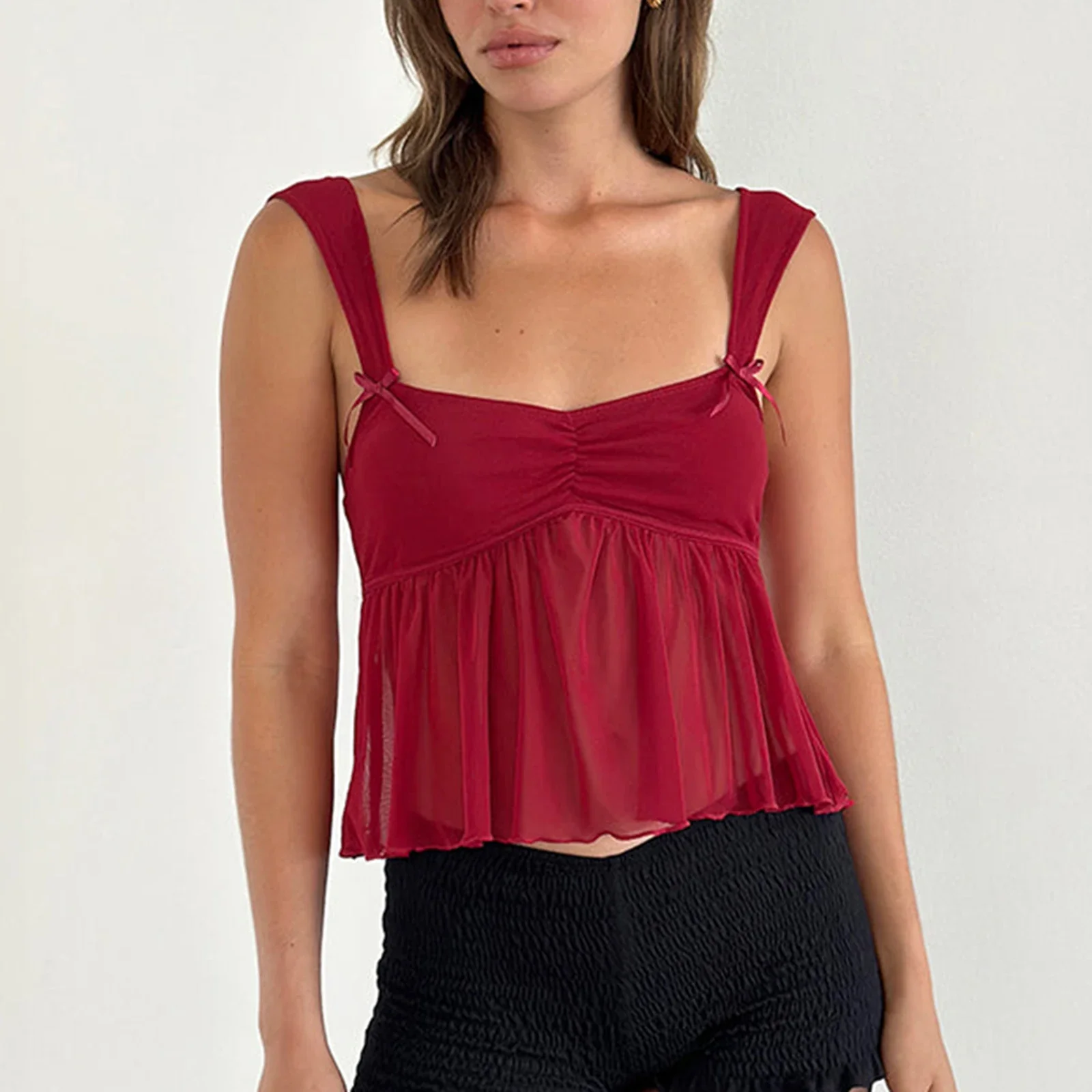 Ruffle Hem Sheer Mesh Crop Top - Image 2
