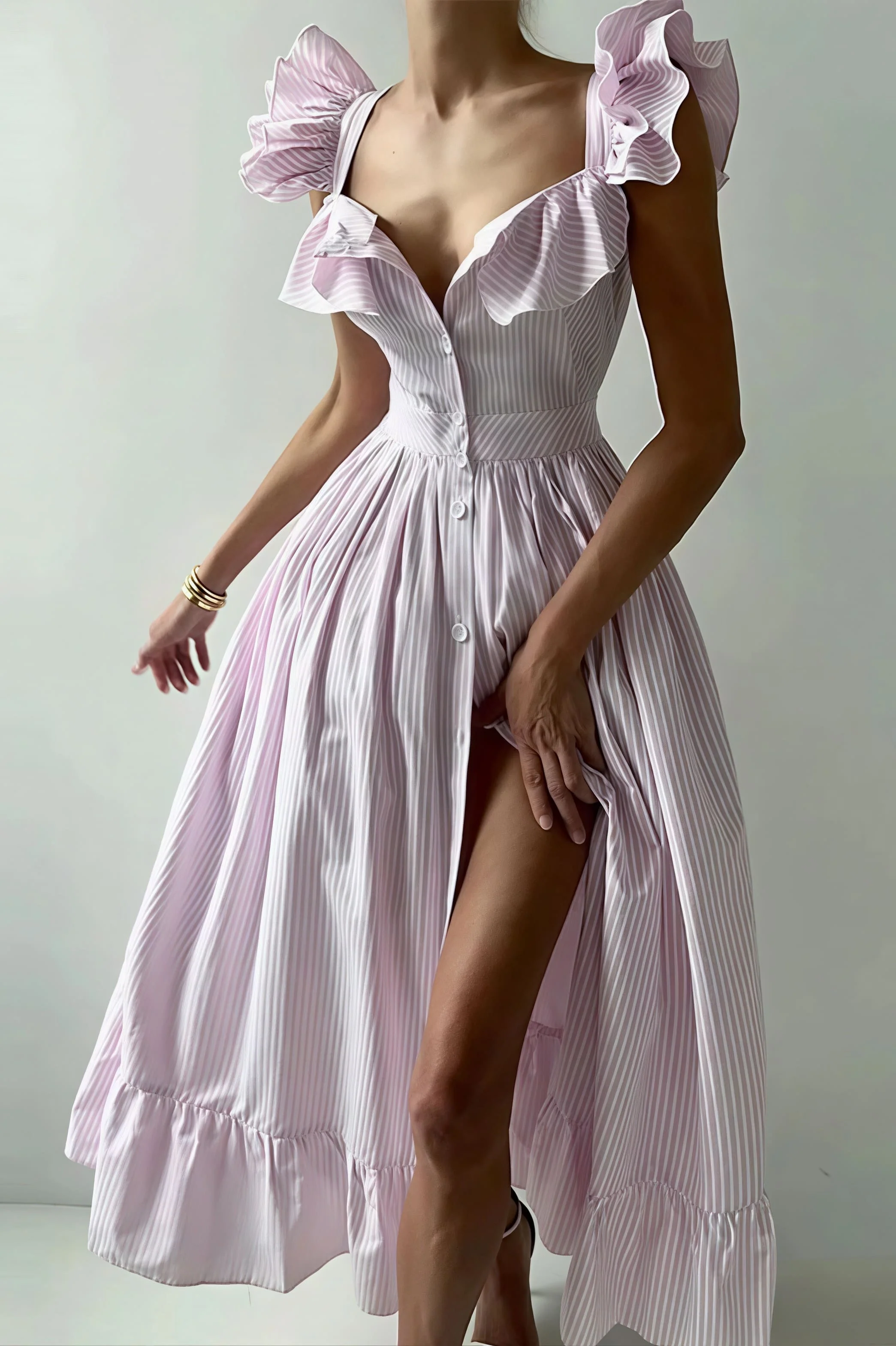 Ruffle Striped Square Collar Midi Dress - Image 12