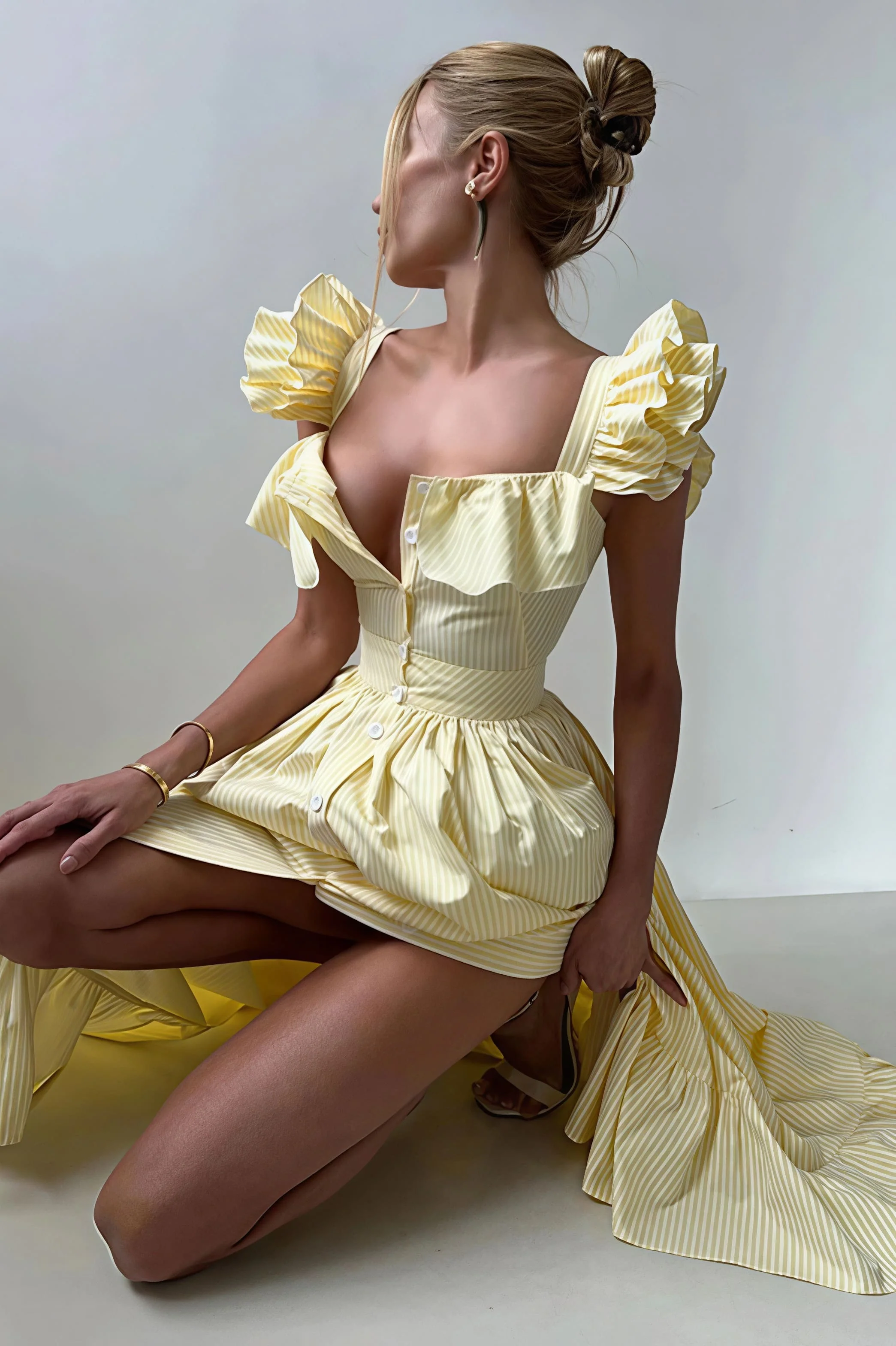 Ruffle Striped Square Collar Midi Dress - Image 3