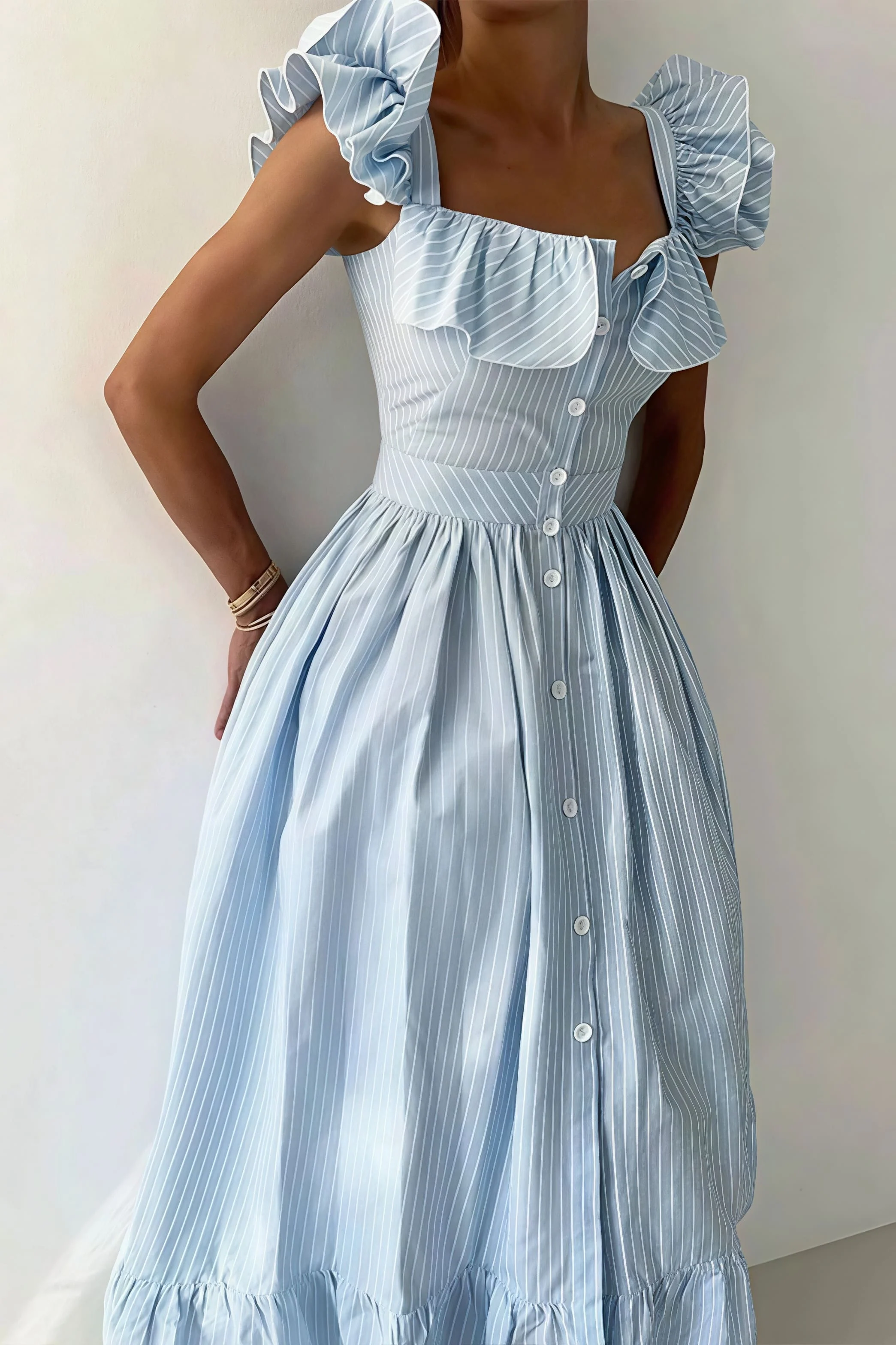 Ruffle Striped Square Collar Midi Dress - Image 8