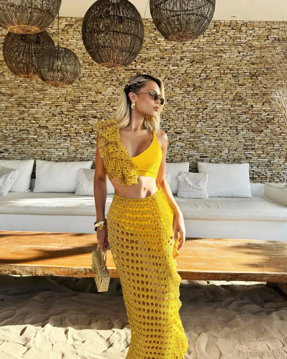 Ruffle V-neck Mesh Three Piece Swimsuit