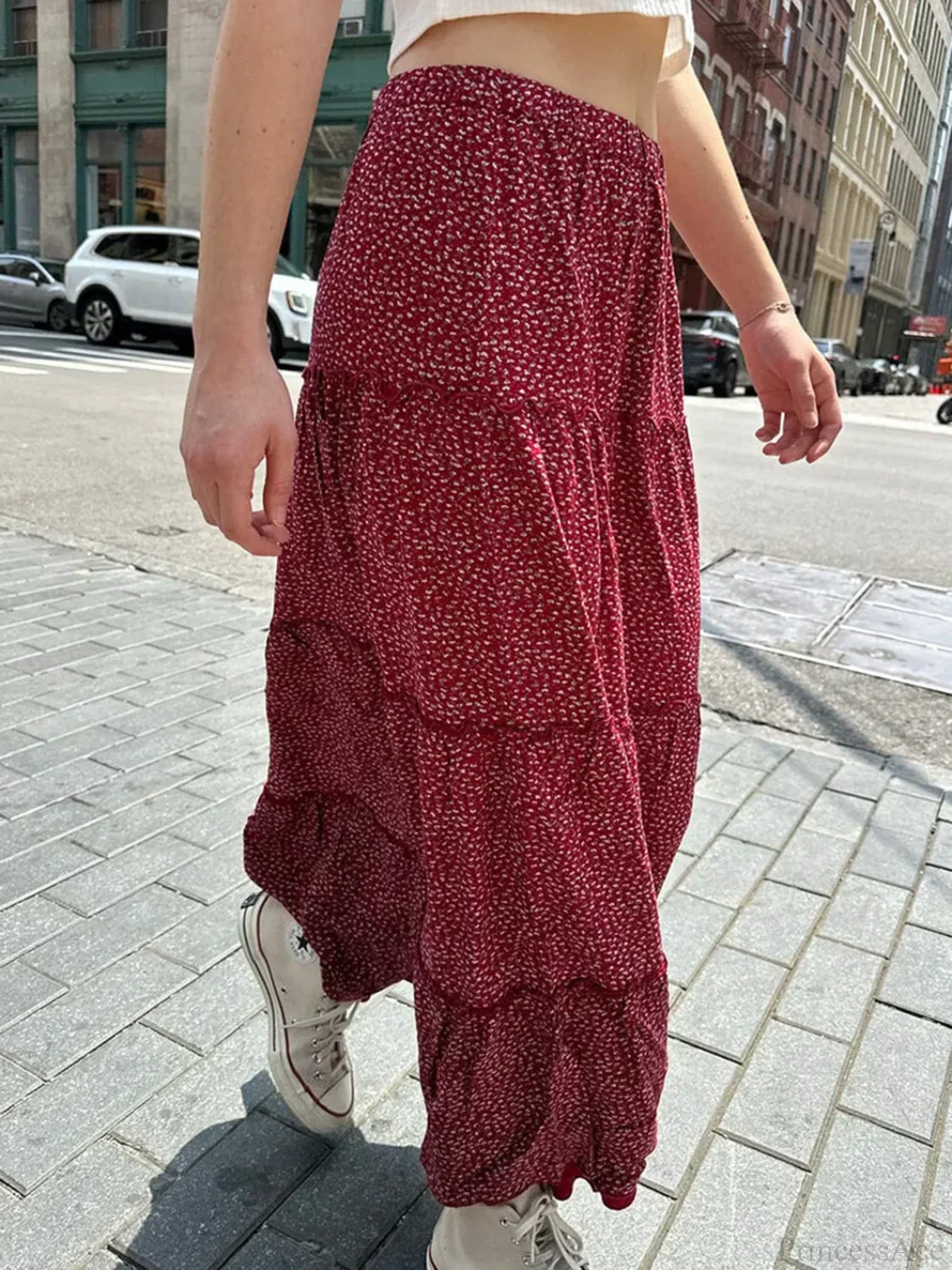 Ruffled Floral Red High Waist A-Line Skirt - Image 2