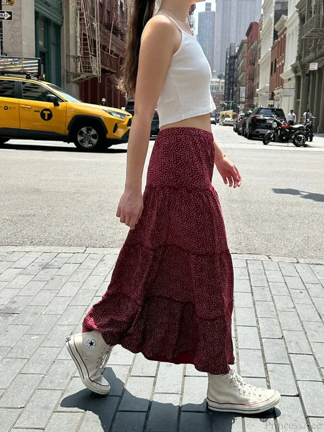 Ruffled Floral Red High Waist A-Line Skirt - Image 4
