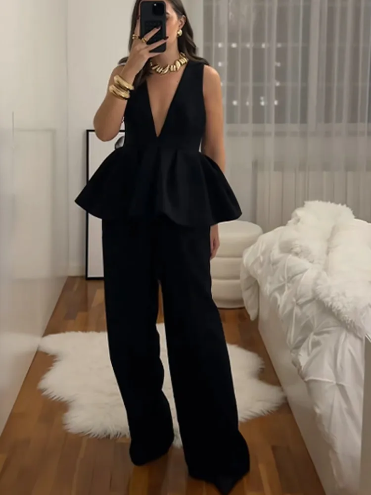 Ruffled Hem Deep V-neck Harem Office Two Piece Set