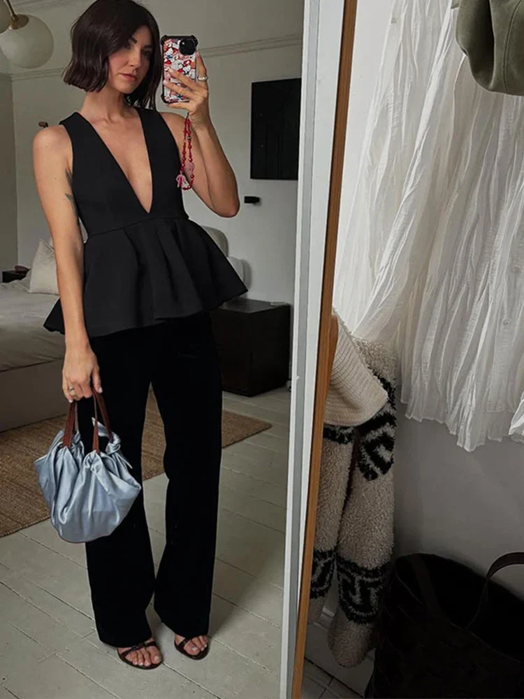 Ruffled Hem Deep V-neck Harem Office Two Piece Set - Image 3